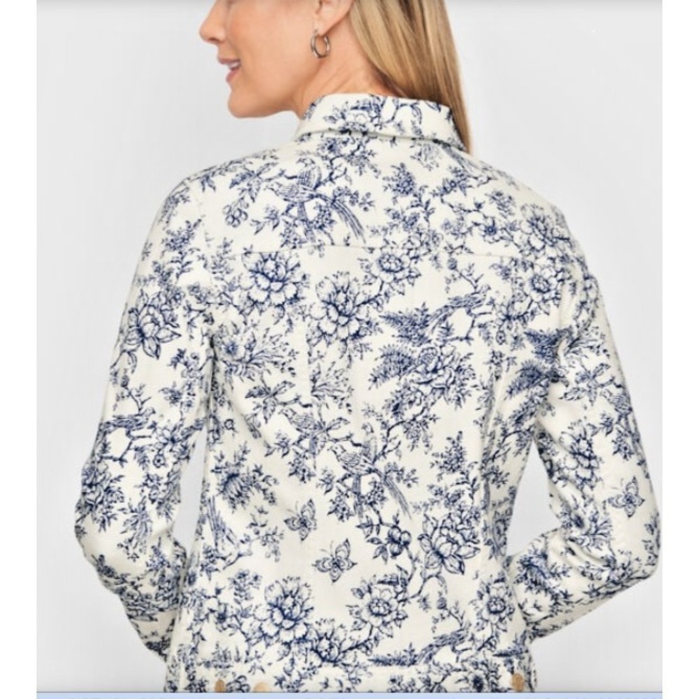 TALBOTS White with Pretty Bird Toile Print (Blue) Classic Denim Jacket Sz XS - Picture 2 of 10
